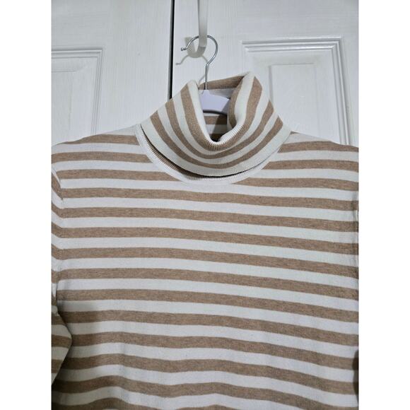 Tommy Hilfiger large women's tan and cream colored striped turtle neck sweater - Picture 2 of 11
